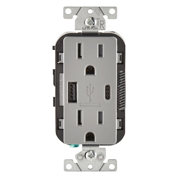 Leviton Leviton Decora 15 amps 125 V Type A/C Duplex Gray Outlet and USB Charger 5-15R 1 pk T5633-GY - main